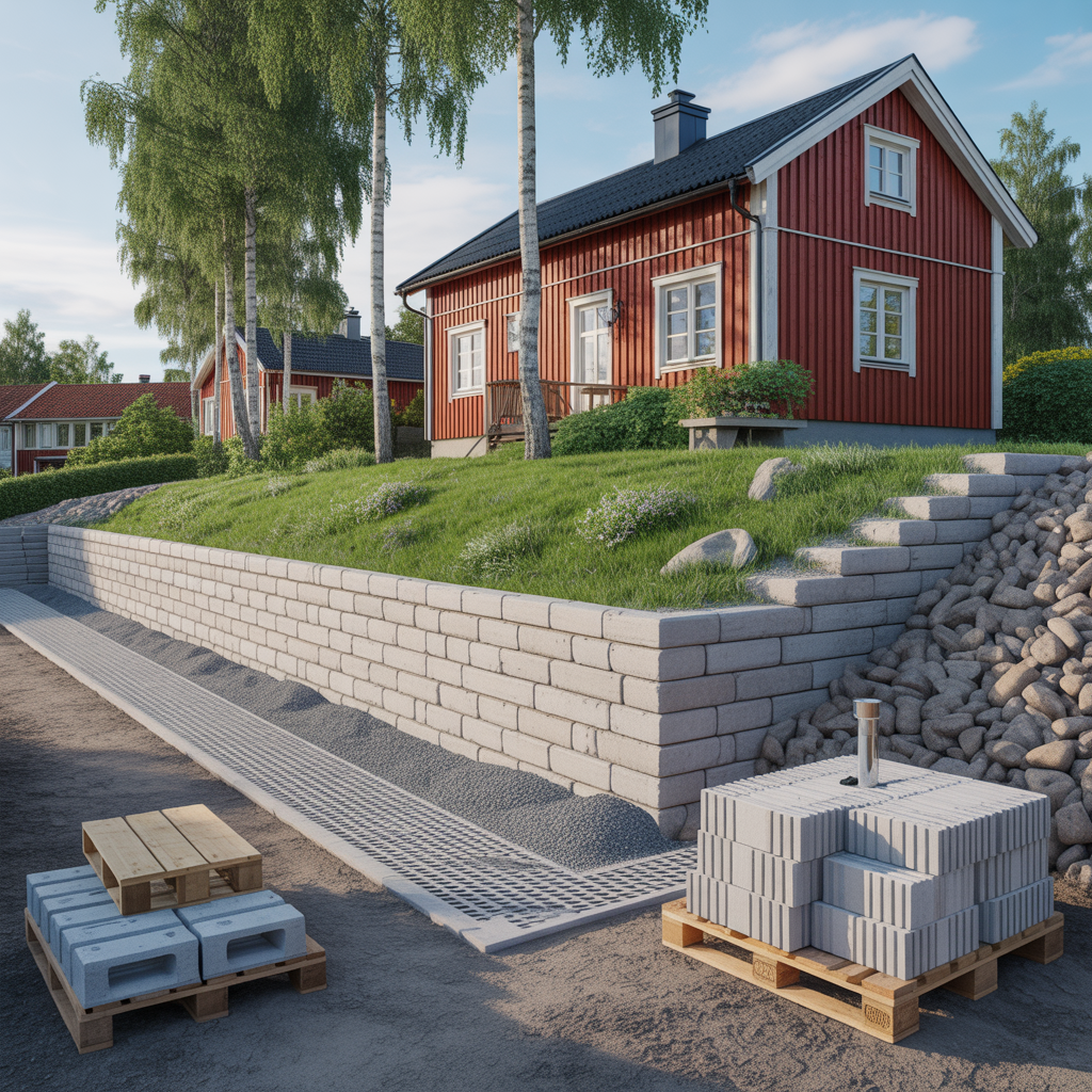 stodmur i slant regler dranering material och kostnad